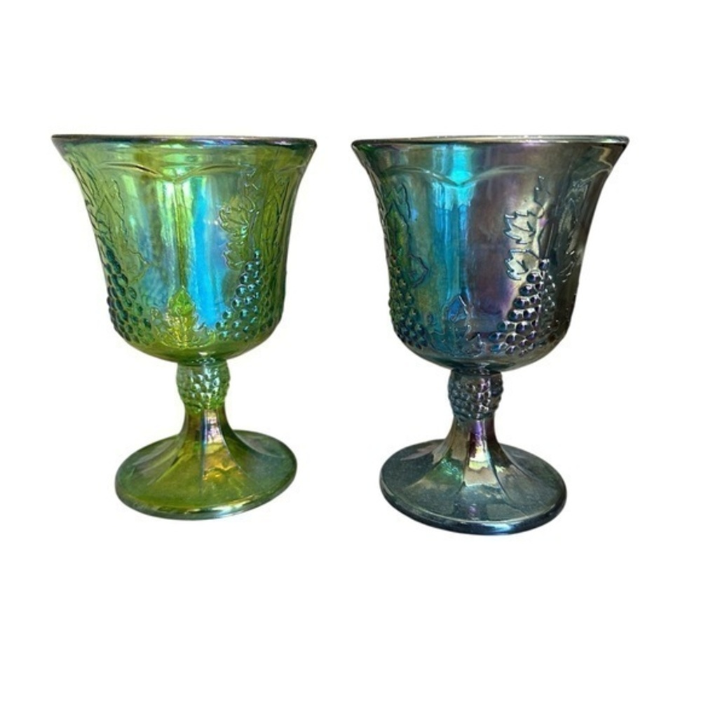 Vintage Harvest Grape Carnival Glass Goblets - Blue and Green Iridescent
